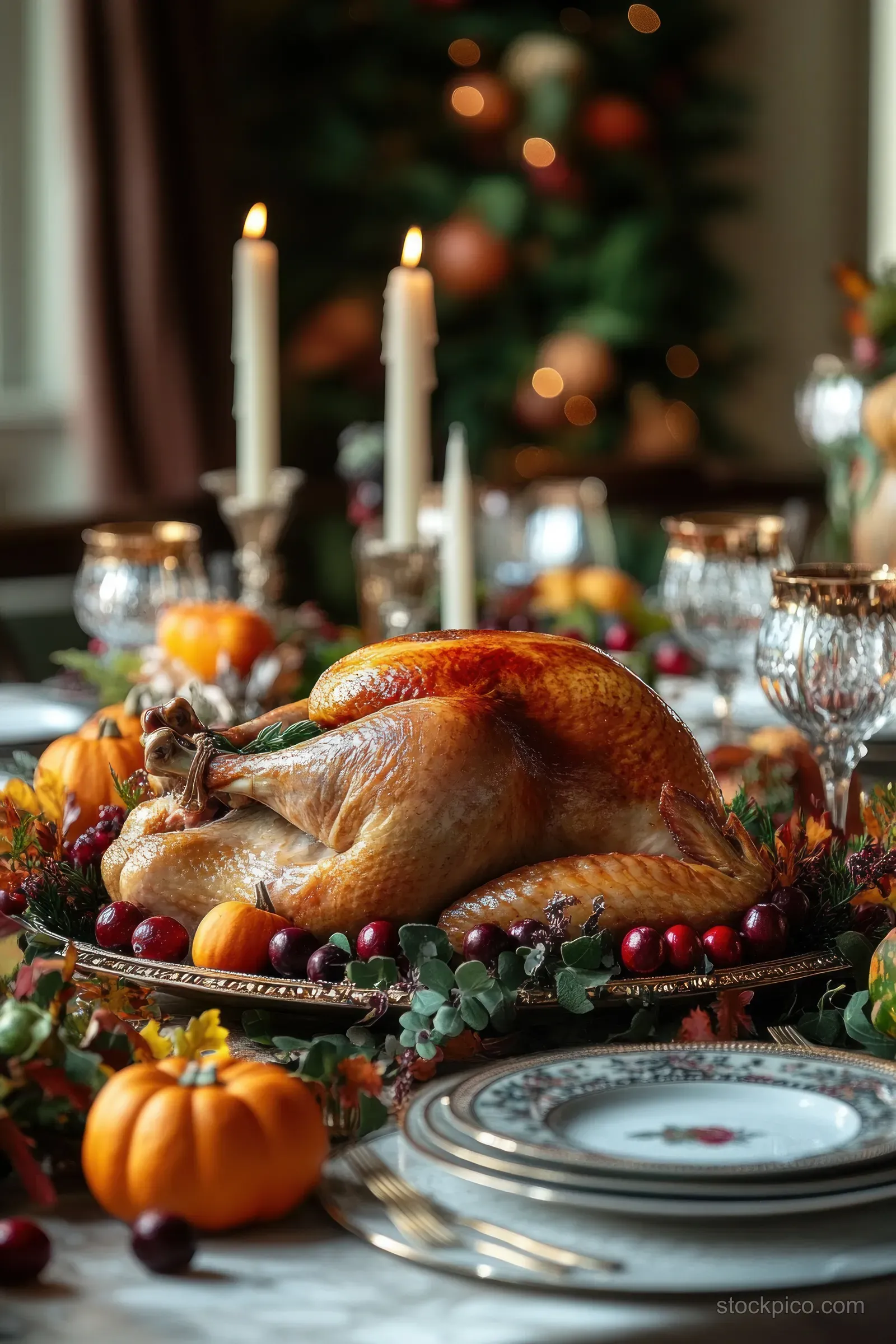 Roasted turkey centerpiece on an autumn dining table with candles, pumpkins, cranberries, and festive glassware.