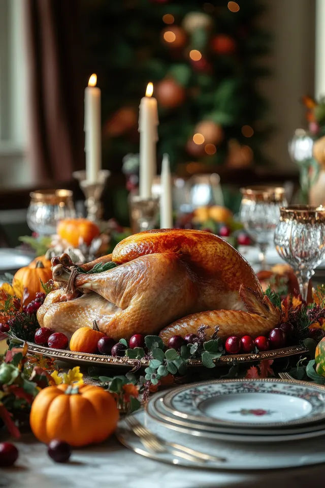 Roasted turkey centerpiece on an autumn dining table with candles, pumpkins, cranberries, and festive glassware.