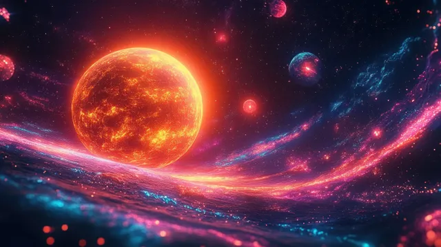 An orange glowing planet floats in space with neon orbit trails, stardust, and distant planets around it.