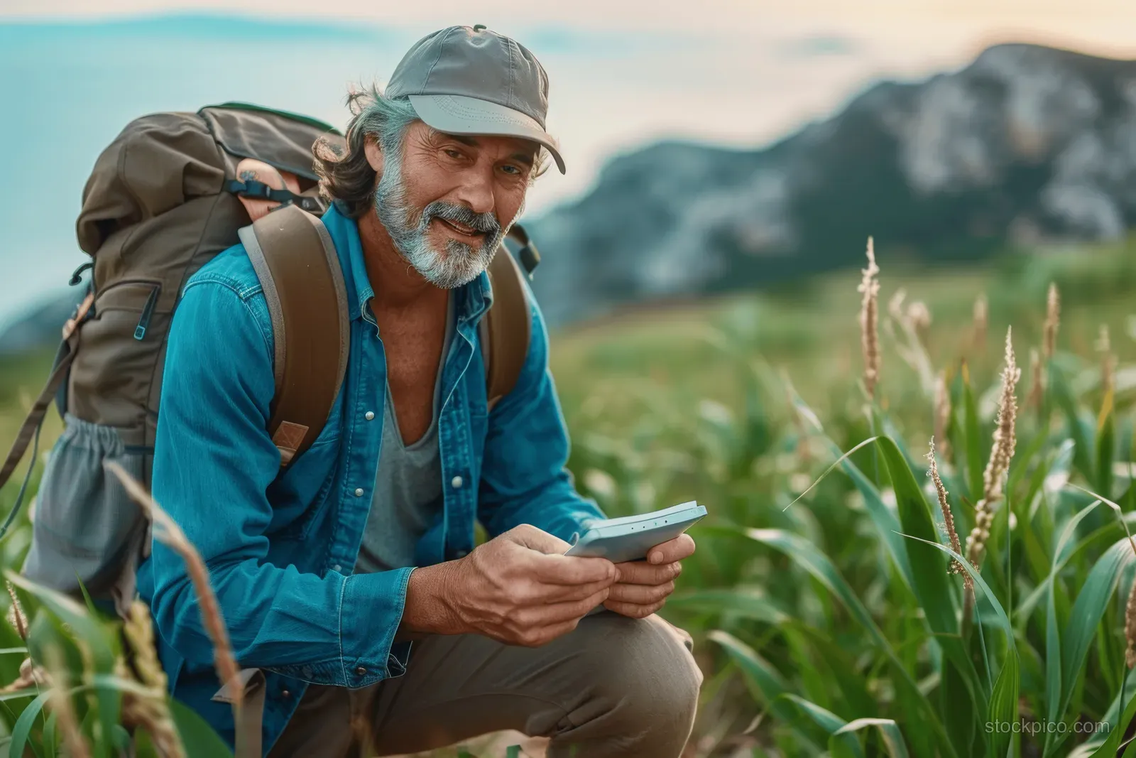 A mature hiker kneels in coastal grass, checking his phone with ocean cliffs and mountains behind.