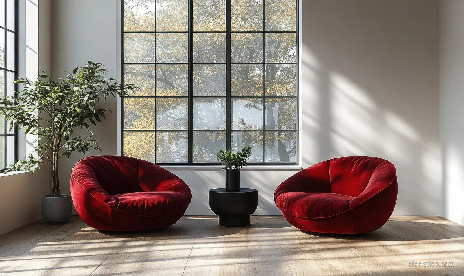 Two burgundy velvet armchairs sit near a black side table in a bright lounge by a tall grid window.