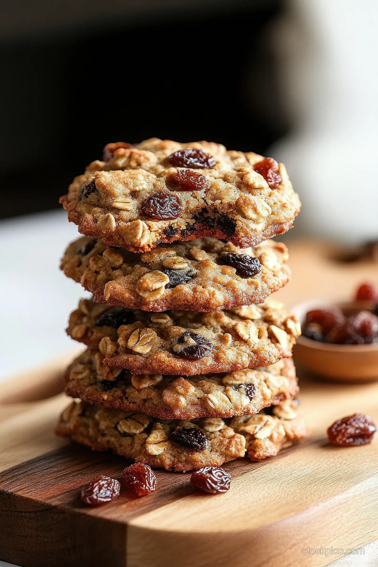 Stack of oatmeal raisin cookies on a wooden board with scattered raisins and cookie crumbs.