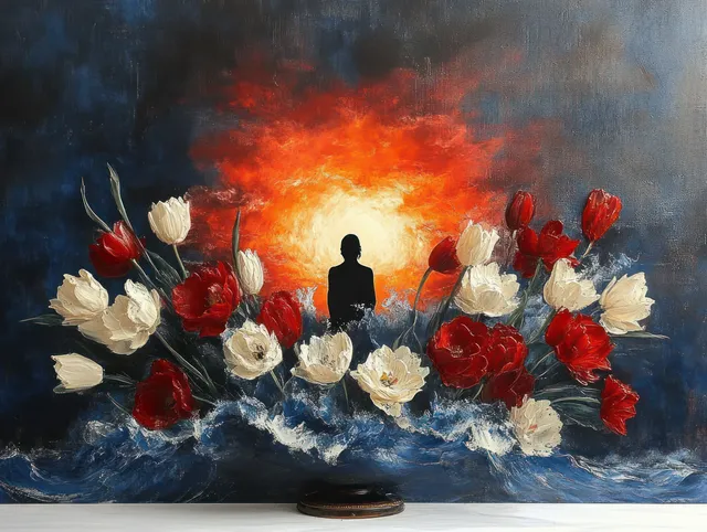 Silhouetted figure surrounded by red and white roses, glowing fiery sun over stormy clouds