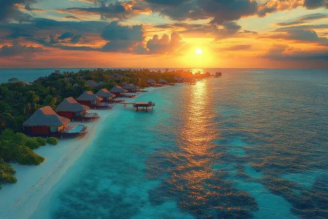 Aerial sunset view over Bora Bora overwater bungalows with turquoise lagoon