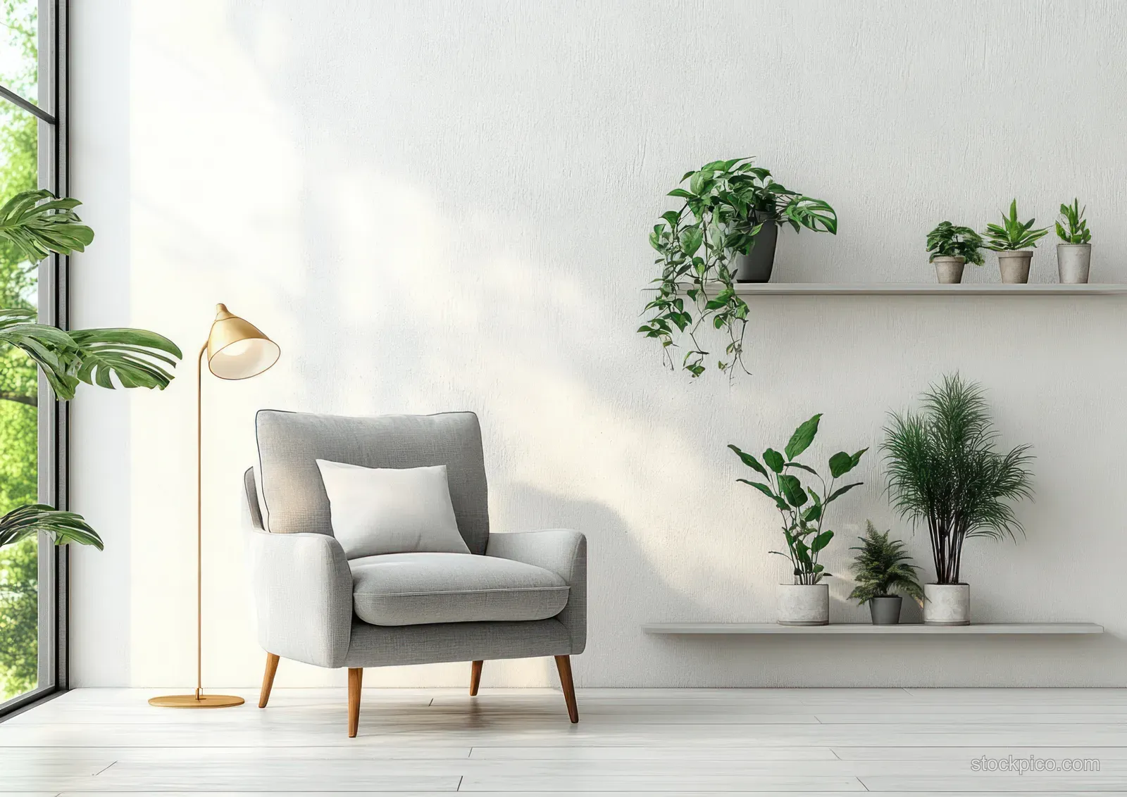 Gray armchair in a bright Scandinavian living room with warm floor lamp light and potted plants on wall shelves.