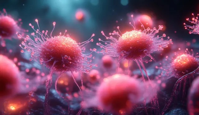 Vibrant glowing cancer cells with branching tendrils are shown floating in a deep blue microscopic 3D scene.