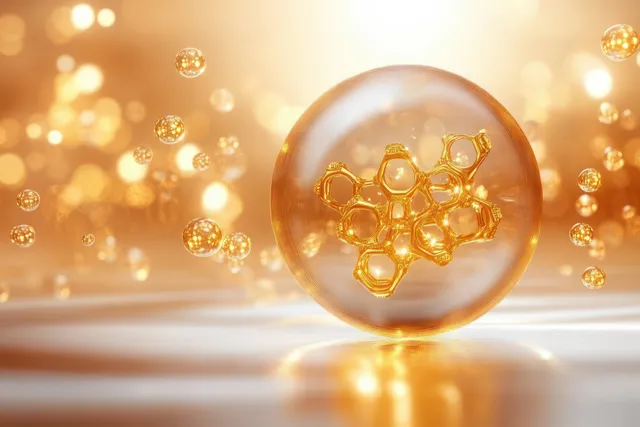 A transparent sphere contains a glowing golden molecular cluster with small floating spheres on a warm bokeh background.