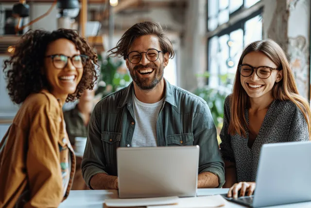 Three young coworkers sit at a table with open laptops, conversing and smiling in a bright office.