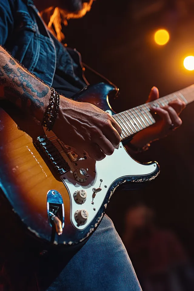 Tattooed hands play an electric guitar under warm stage lights with dark concert background bokeh.