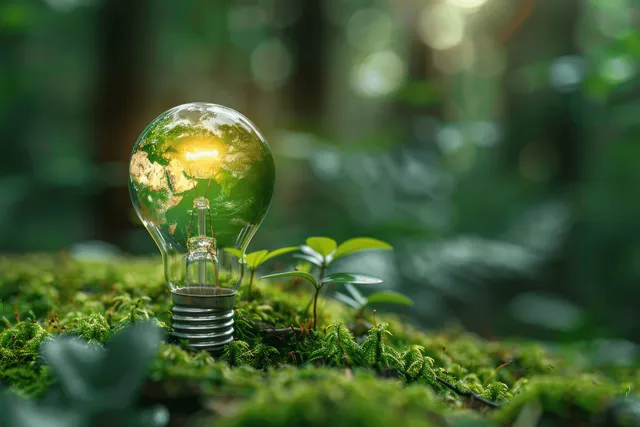 Light bulb with Earth inside on moss in a forest