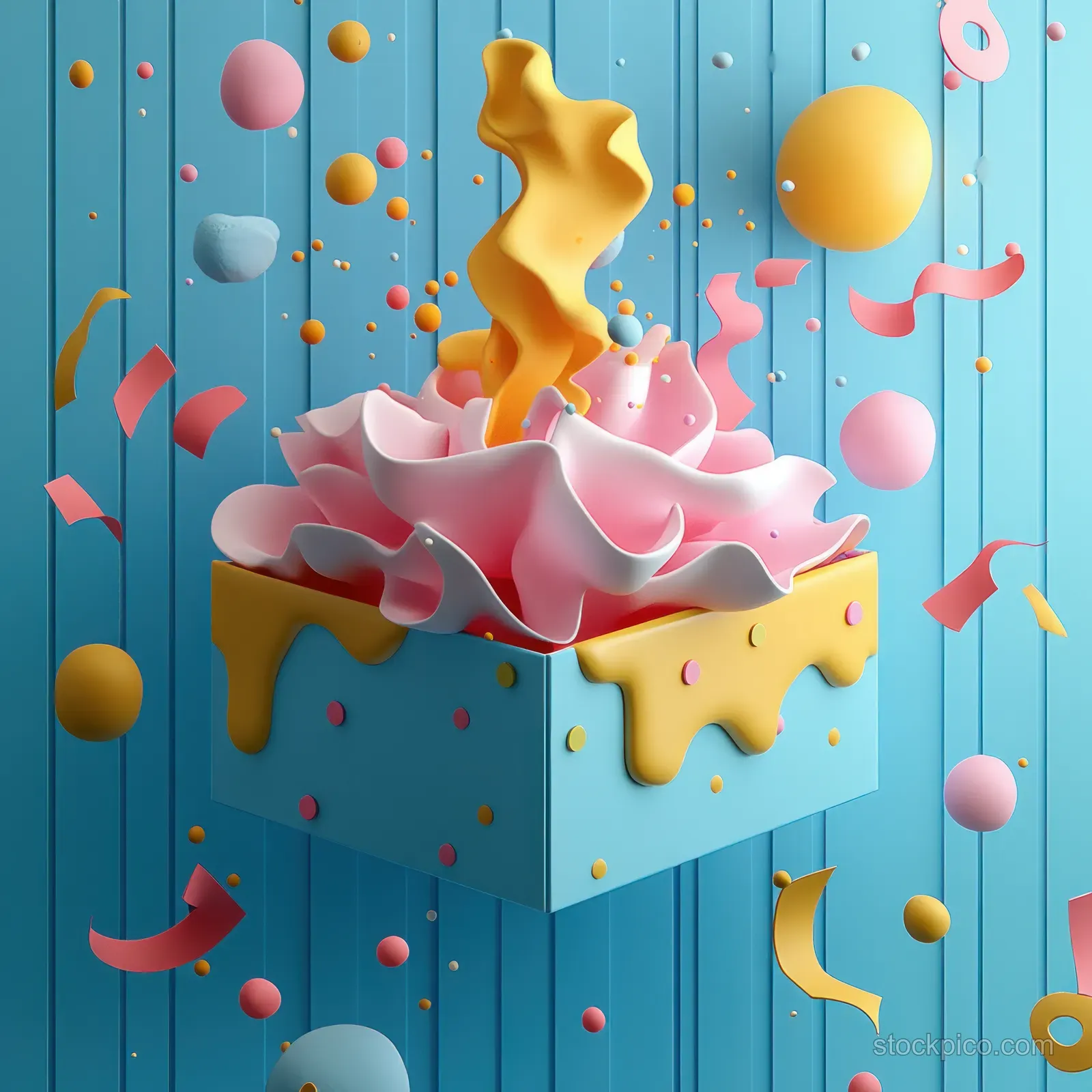 An open 3D gift box spills gold stars, ribbons, and confetti floating on a pastel blue background.