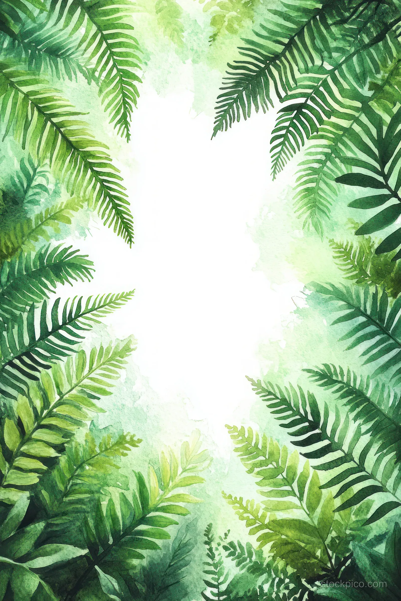 Green watercolor ferns create a leafy frame around a bright blank center.