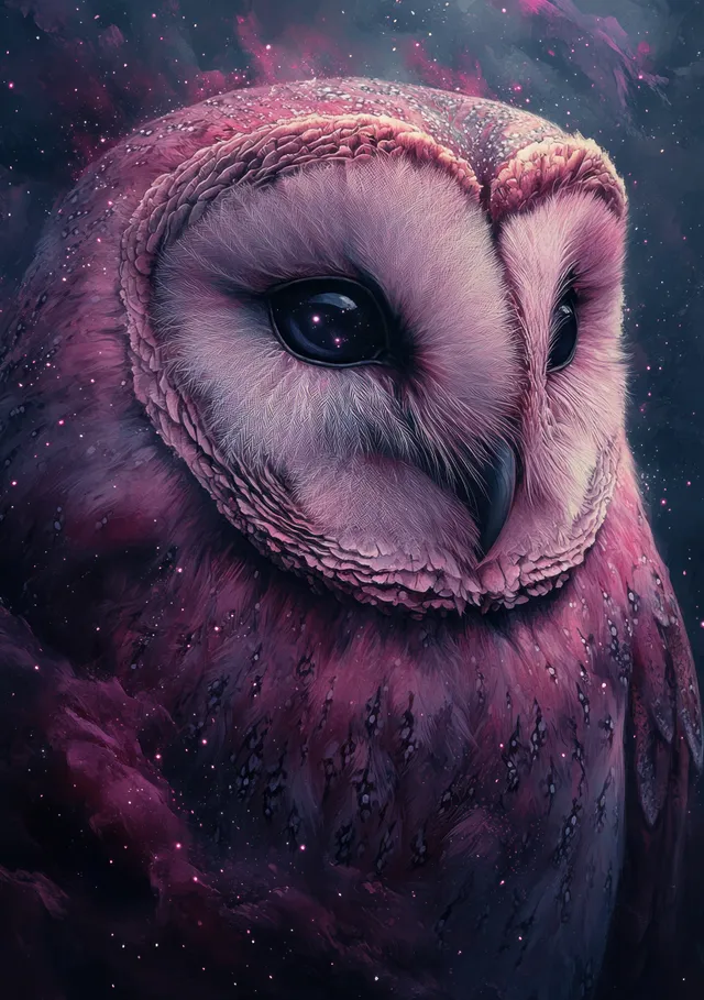 A watercolor barn owl portrait with galaxy feather details in magenta and pink on a purple night sky background.