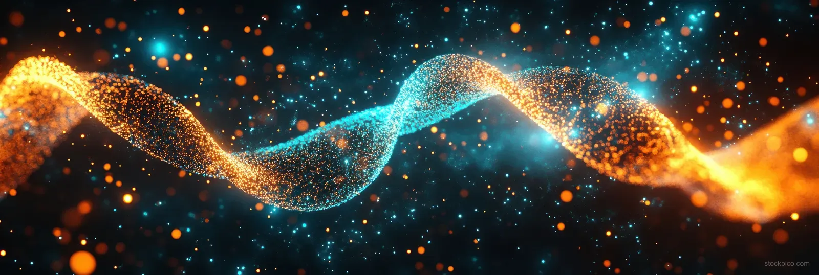 A glowing DNA double helix floats in a cosmic background with turquoise and orange bokeh lights.