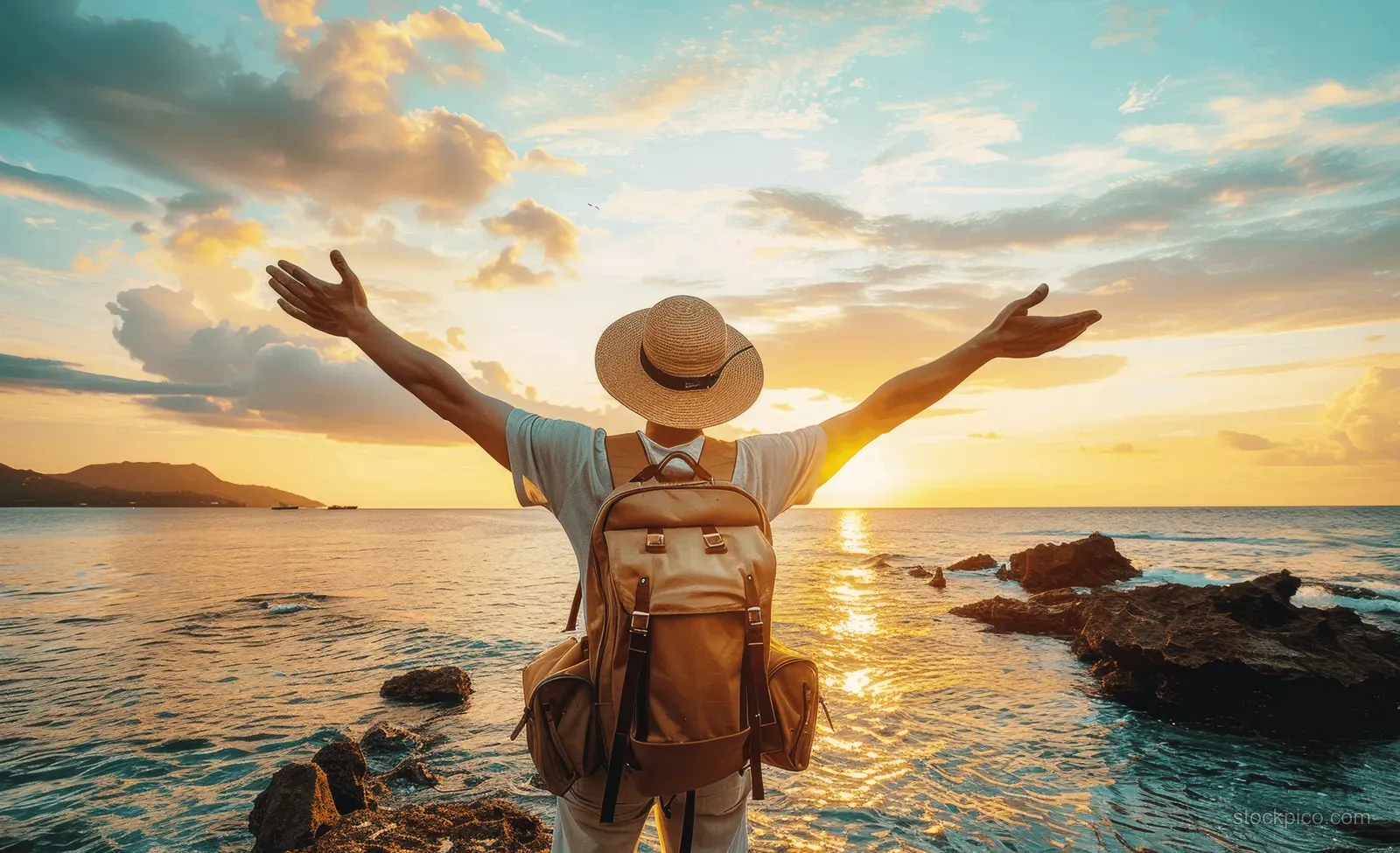A backpacker with arms outstretched stands on a rocky beach at sunrise, facing the ocean horizon.