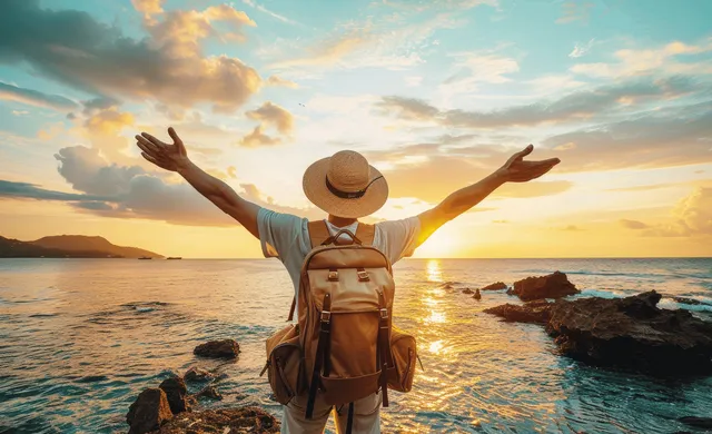 Backpacker stands with arms wide on rocky beach, sunset glow over ocean horizon