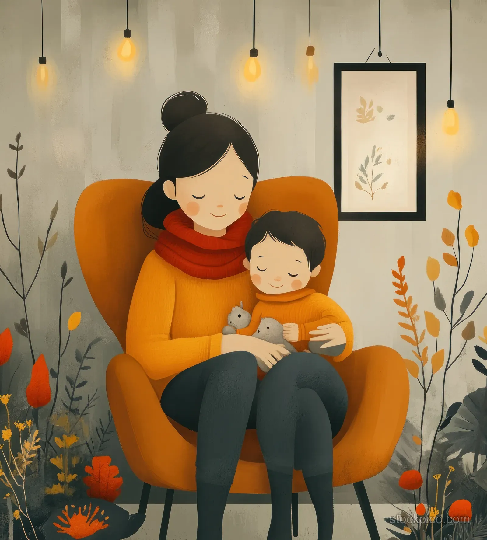 A mother comforts her sad son in a cozy armchair under warm pendant lights and floral decor.