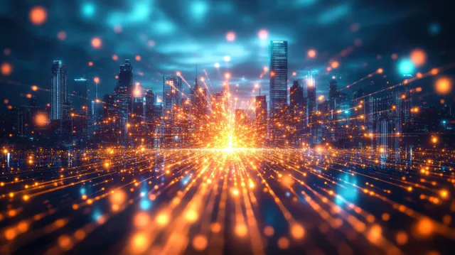 Futuristic city skyline at night with glowing orange and blue light trails streaming between illuminated buildings.