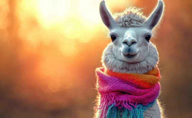Whimsical llama portrait wearing a neon scarf against a glowing sunset gradient