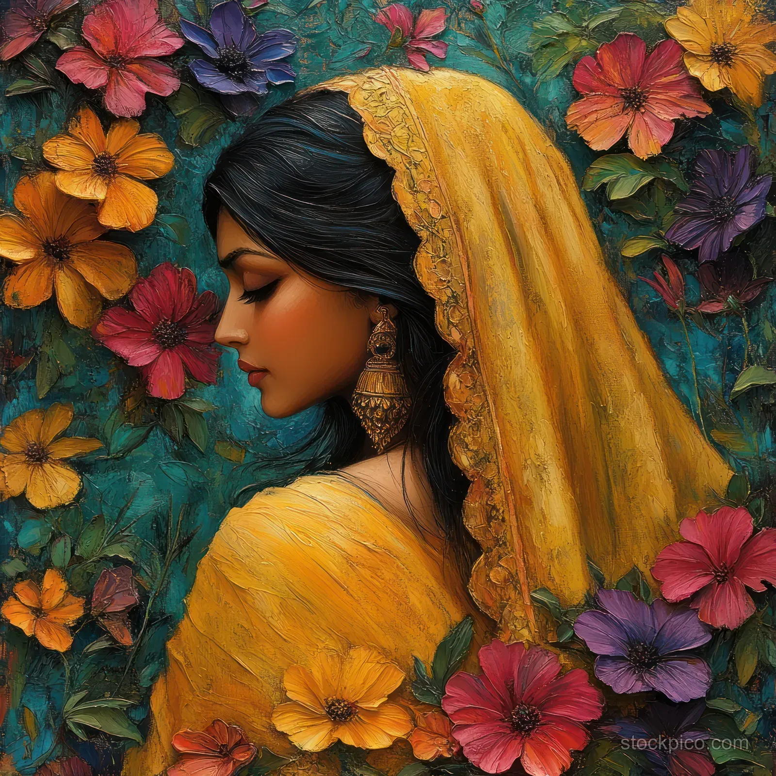 A bride in a patterned yellow sari framed by colorful flowers and textured background.