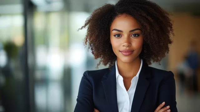 A young woman in a black blazer and white shirt stands indoors with curly hair, arms crossed and smiling.