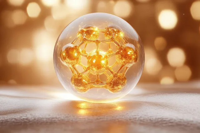A transparent sphere contains a glowing golden molecular network with warm bokeh lights in the background.