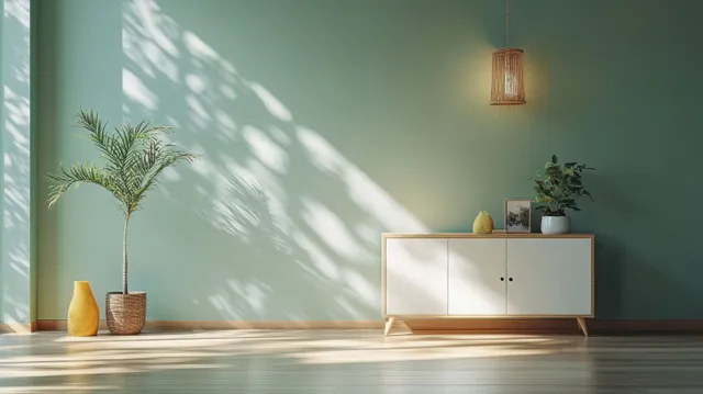 Sunlit minimalist room corner with mint wall, white cabinet, small plant, and crisp window shadows on the floor.