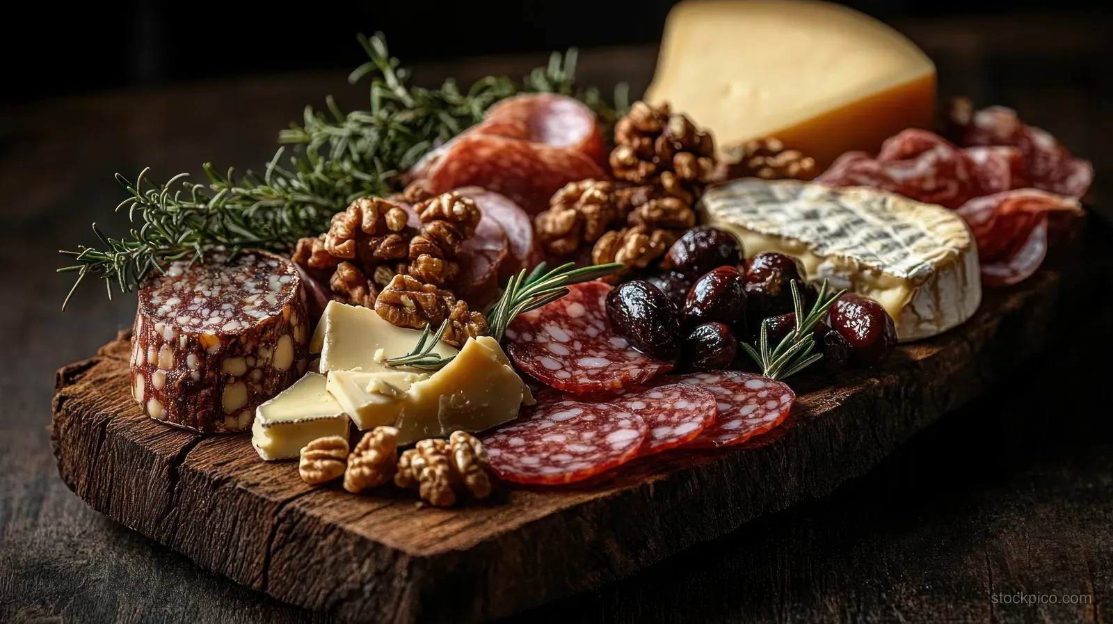 Rustic wooden board piled with sliced cured meats, cheeses, walnuts, olives, and rosemary sprigs.