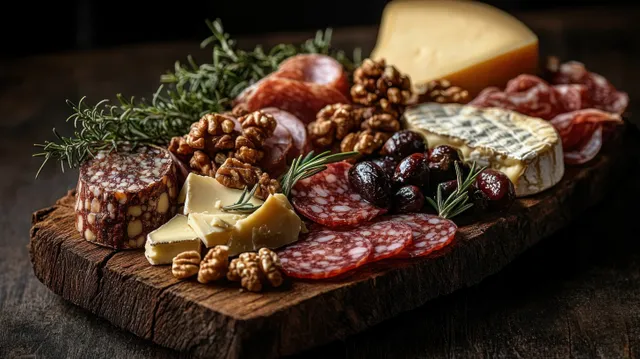 Rustic wooden board piled with sliced cured meats, cheeses, walnuts, olives, and rosemary sprigs.