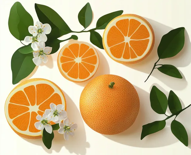 Whole oranges and orange slices are arranged with green leaves and small white blossoms on a pale background.