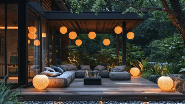 Outdoor terrace at night with gray sofas, glowing lanterns, and warm string lights over a wooden deck.