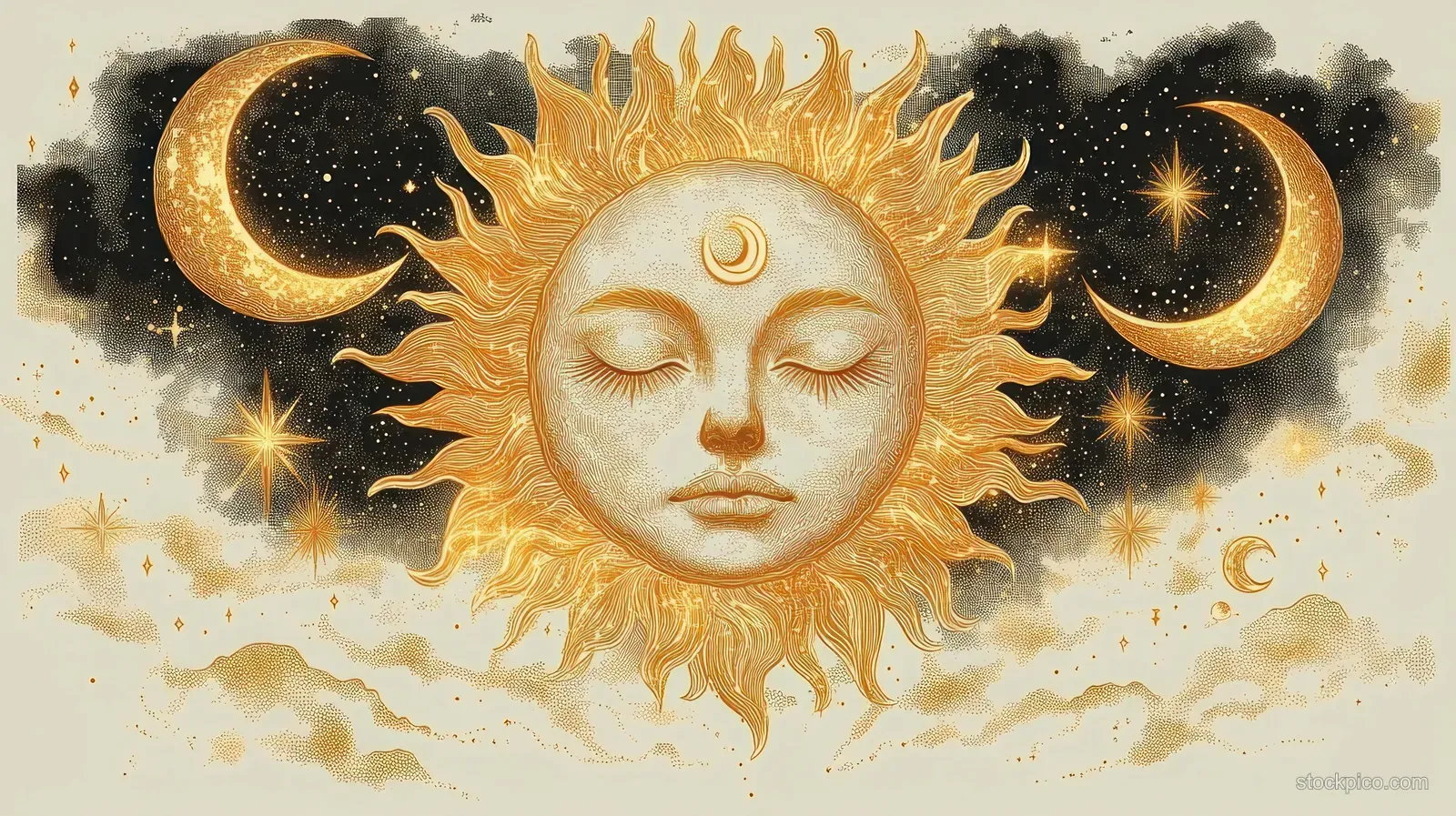 A calm sun with a human face glows between golden crescent moons and twinkling stars in a celestial sky.