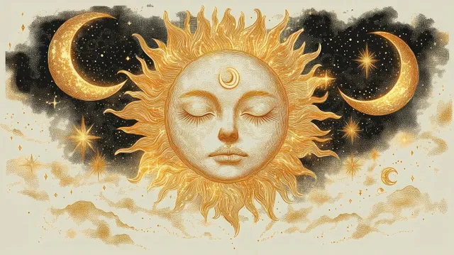 A calm sun with a human face glows between golden crescent moons and twinkling stars in a celestial sky.