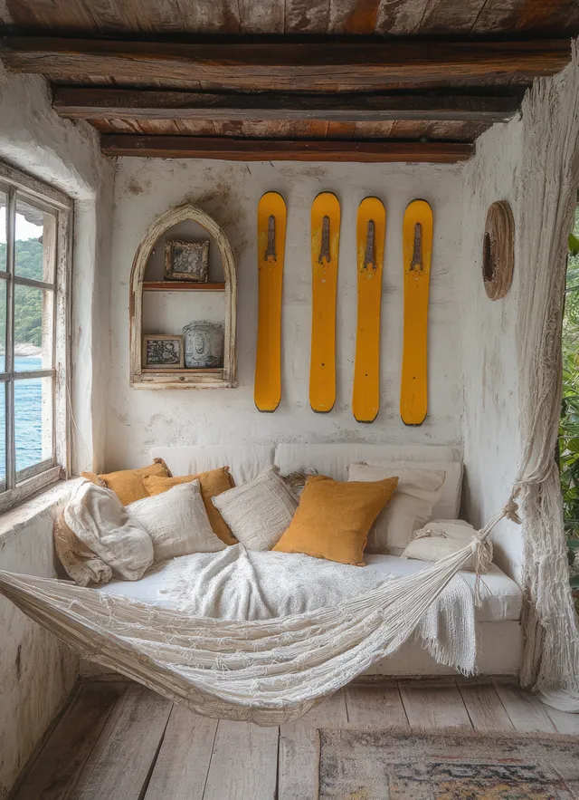 Sunlit beach house corner with a hanging hammock, wooden beams, and vintage shelves framed by windows.