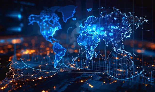 Blue world map overlay with trading charts and glowing network data points