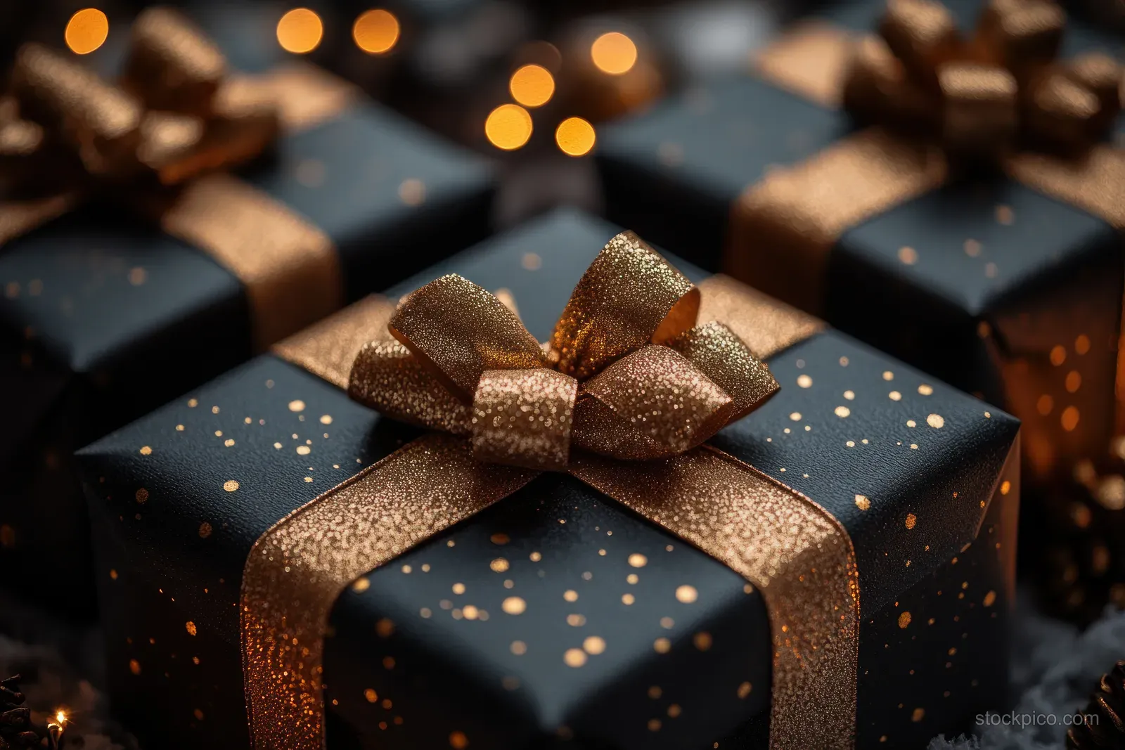 Black gift box topped with a glittery gold bow and ribbon, with blurred warm holiday lights behind.
