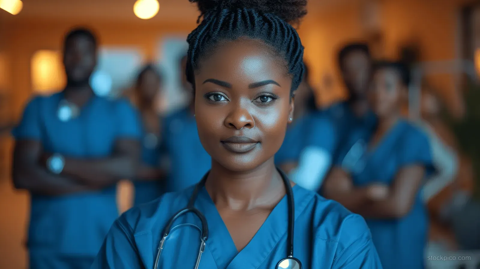 A young Black nurse with a stethoscope stands in blue scrubs as a diverse medical team blurs in the hospital background.