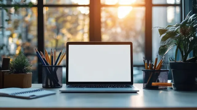 Laptop with a blank white screen on a sunlit desk surrounded by pencils, a notebook, and potted plants.