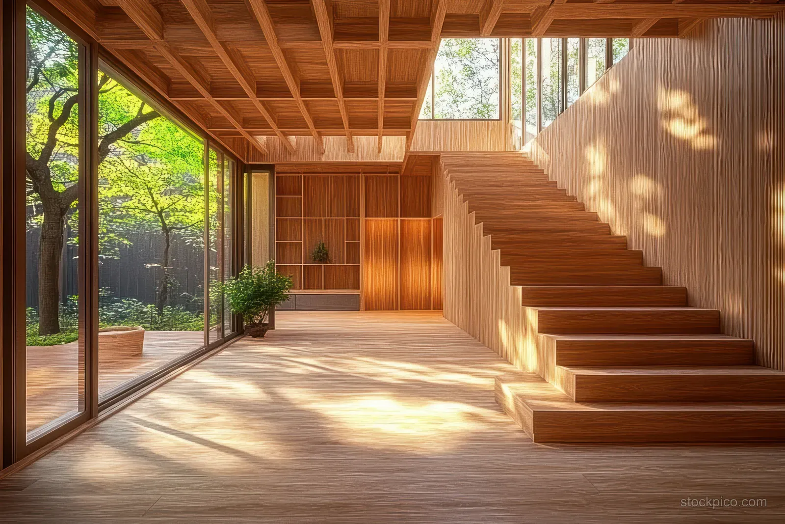 Sunlight spills through floor-to-ceiling windows beside a wooden staircase in a spacious interior with a green garden view.