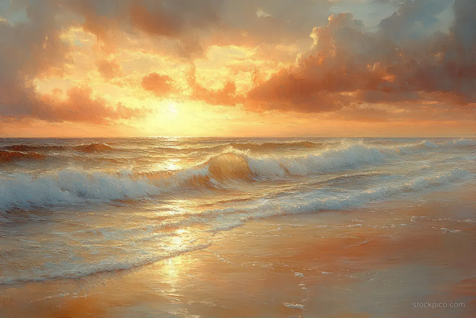 A smiling woman relaxes on a sunset beach with wind-tossed hair and waves glowing in golden light.