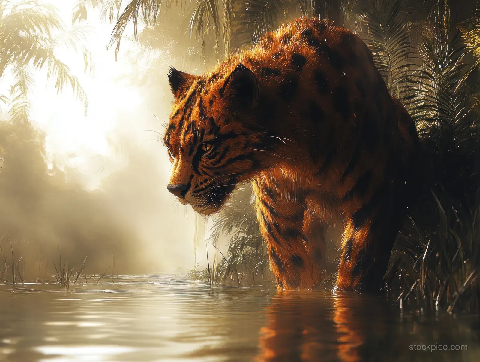 A tiger-like mythical predator crouches in mist near a rainforest river, reflected in calm water at sunrise.