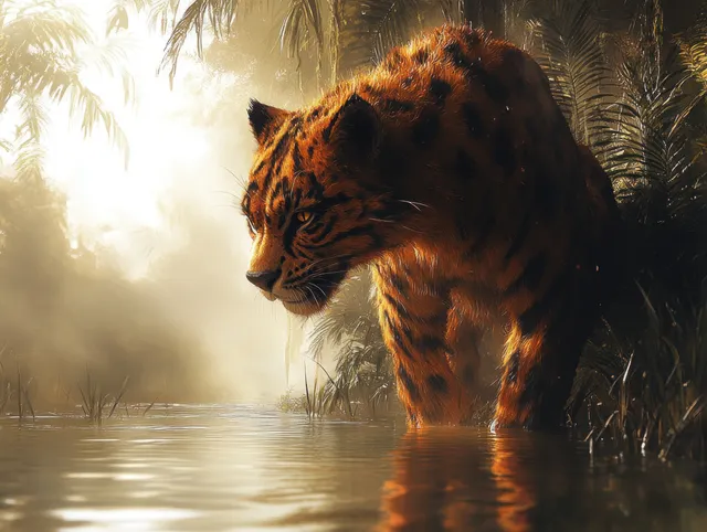 Bunyip-like predator crouches at a rainforest river edge at sunrise, misty water reflections