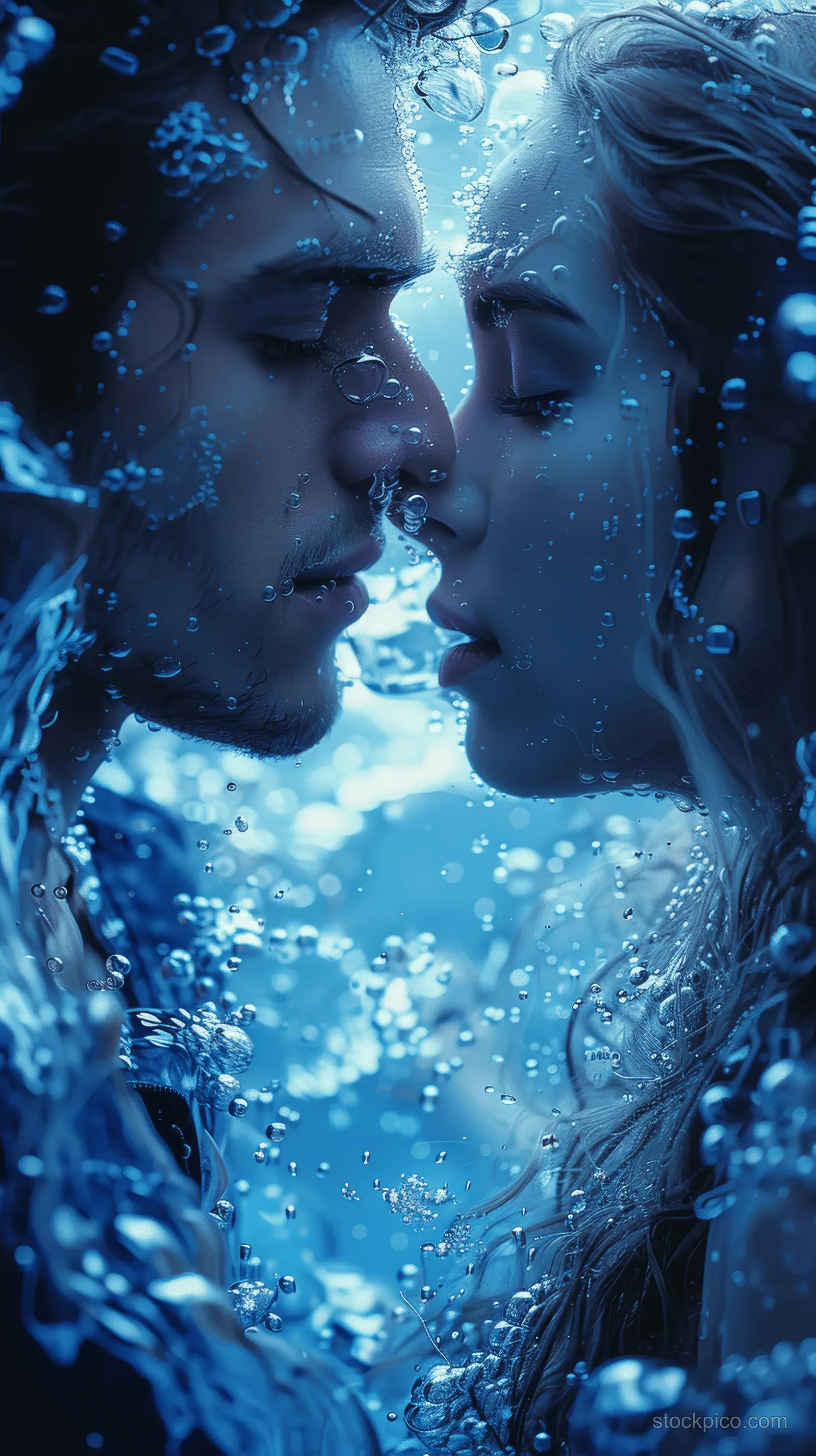 A romantic couple kisses underwater with bubbles swirling around their faces in deep blue ocean light.