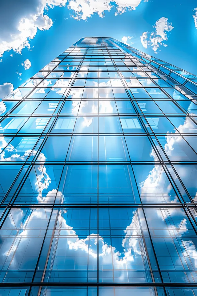Low-angle view of a reflective glass skyscraper with vertical lines and blue sky clouds mirrored on its facade.