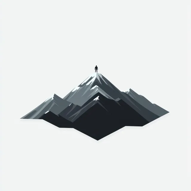 Solitary climber stands atop abstract snow-capped mountain peak with sharp geometric shadows