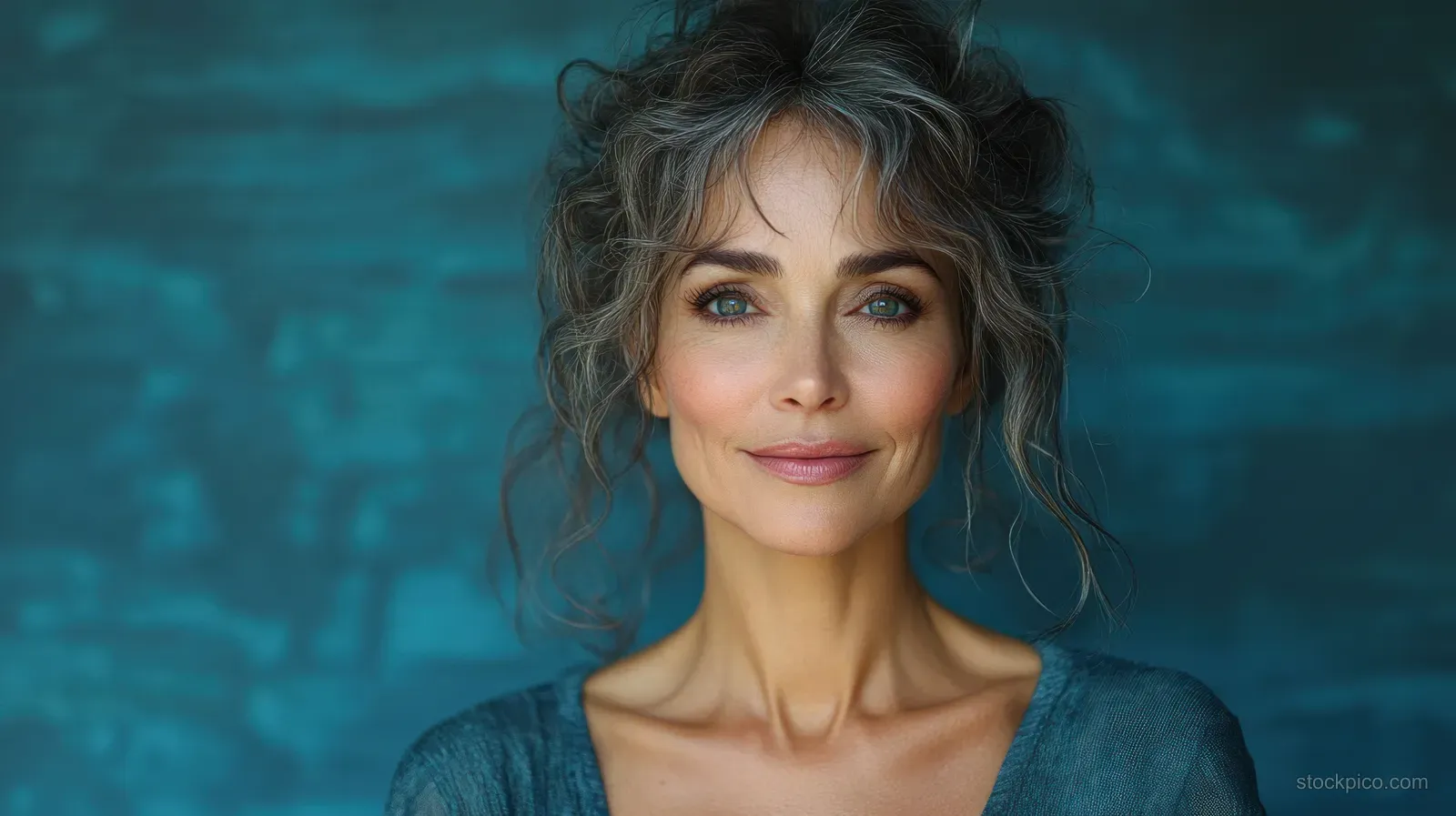 Mature woman applying skincare serum in a soft-lit studio portrait against a deep blue background.