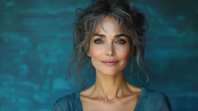 Mature woman applying skincare serum in a soft-lit studio portrait against a deep blue background.