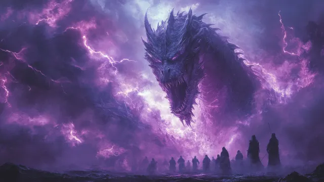 Skeletal dragon flying over an undead army in a purple lightning storm over a dark battlefield.