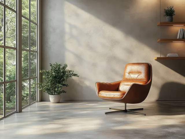 Tan leather swivel chair near tall windows with a potted plant and warm sunlight shadows.