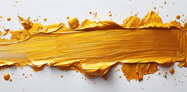 Glossy golden acrylic brushstroke with thick impasto texture and paint splatters on a white background.